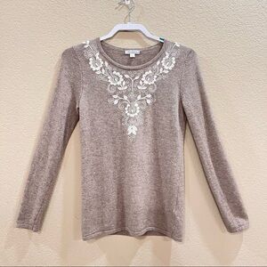 GARNET HILL DESIGNER SWEATER EMBROIDERED TAUPE LAMBWOOL ANGORA BLEND SZ S CASUAL